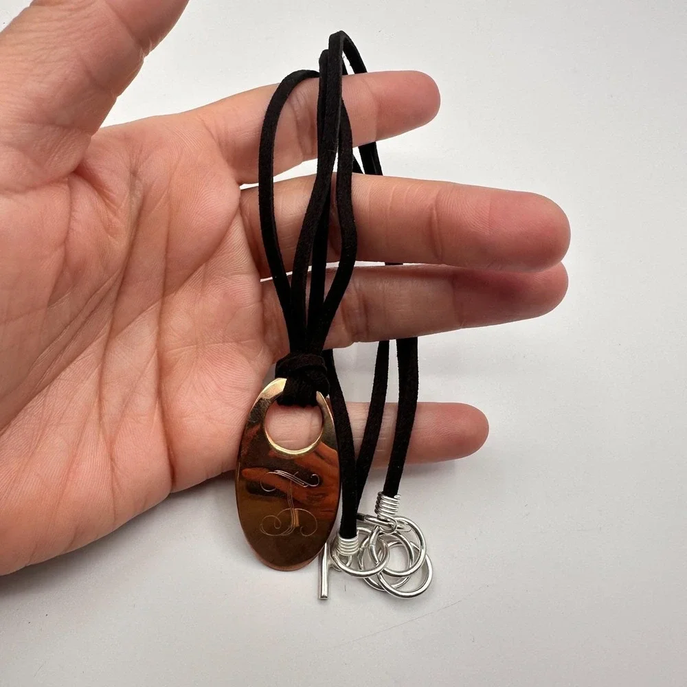 Vintage 90s Copper Monogram Initial‎ T Pendant Necklace Black Suede Cord Jewelry
